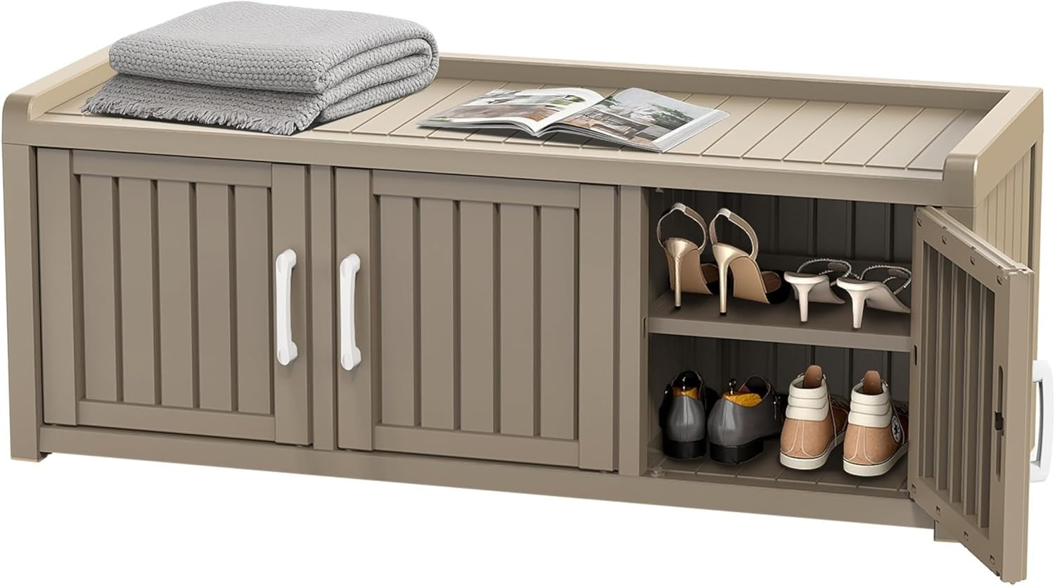 Large 3-Door Waterproof Shoe Cabinet Bench Indoor Outdoor 119x44x45.5cm Coffee