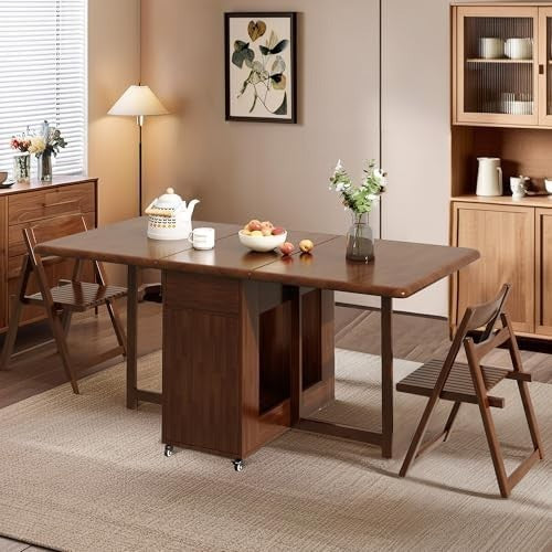 Space-Saving Folding Drop Leaf Dining Table with 6 Chairs Walnut Set