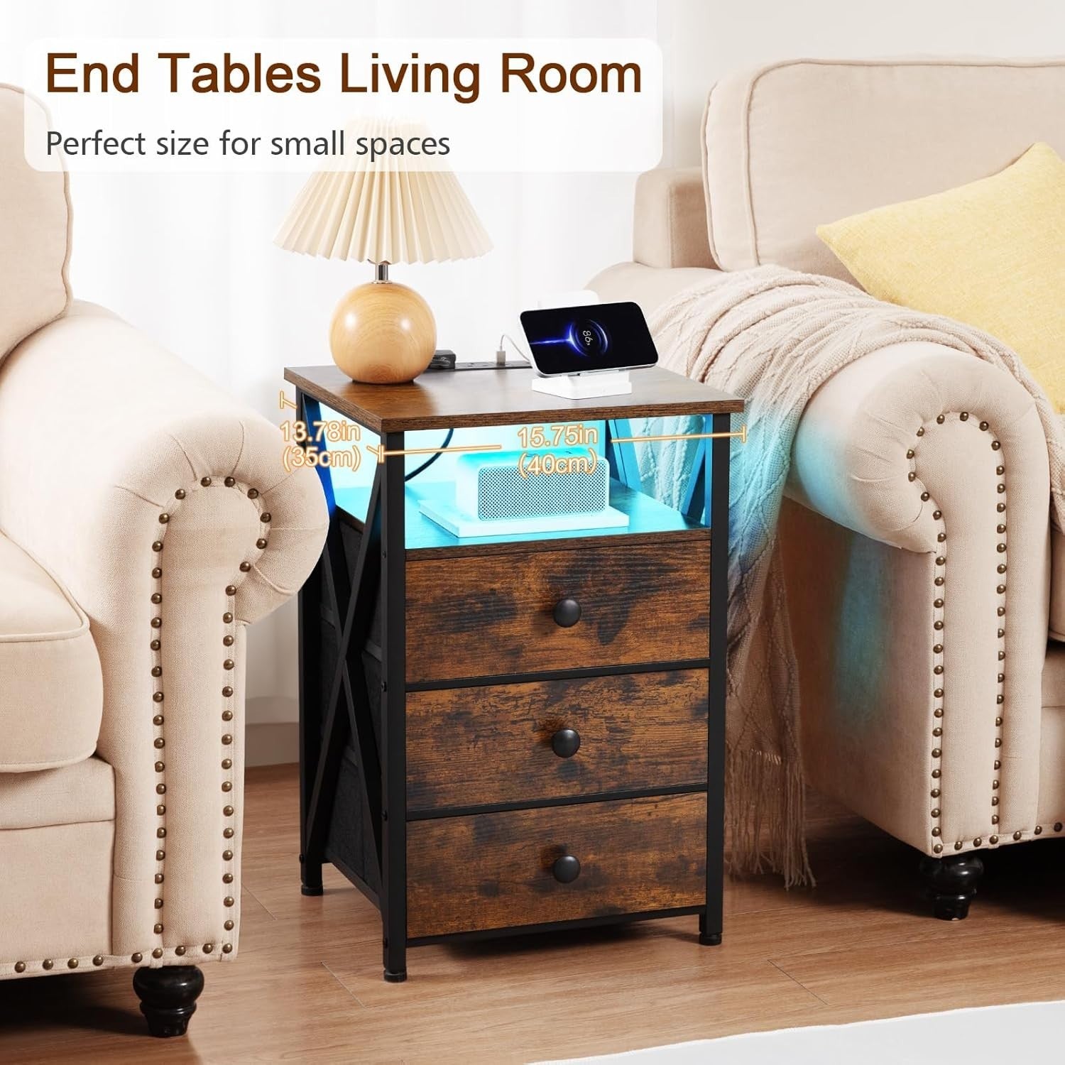 Rustic LED Bedside Table with Charging Station | 3 Drawer Nightstand