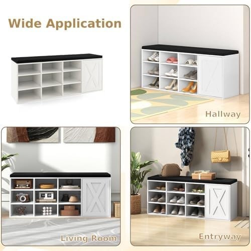 Wooden Shoe Storage Bench with Cushion & Barn Door, 9 Compartments