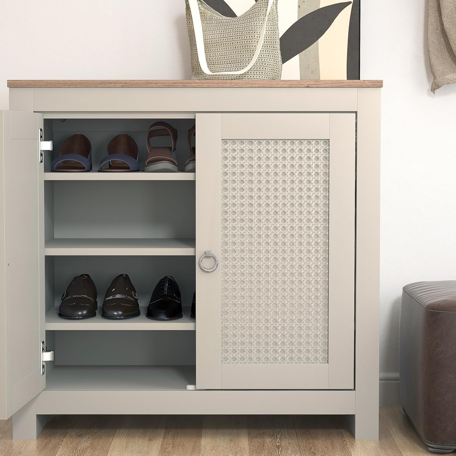 12 Pair Rattan Shoe Cabinet – 2 Door Modern Shoe Rack with Shelves – Oak
