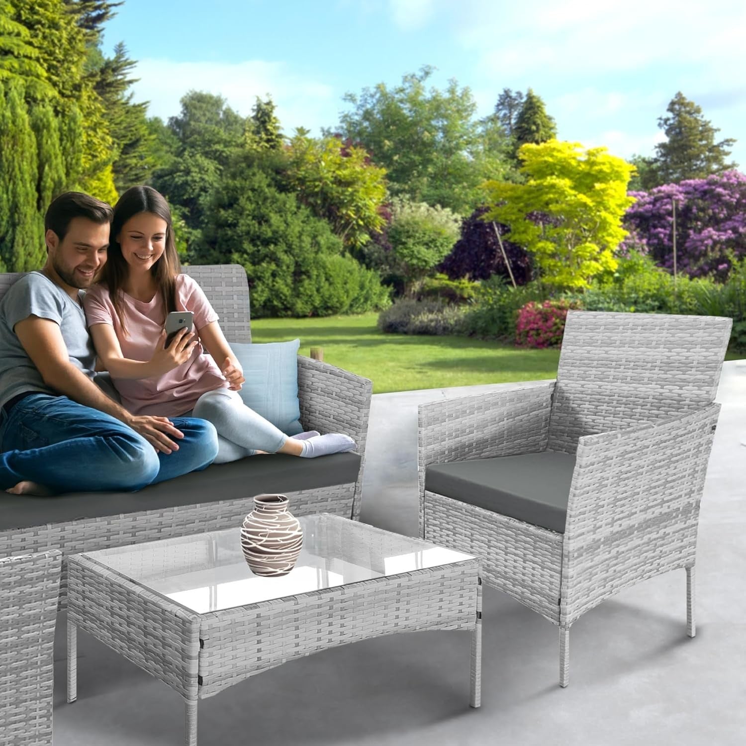 4pc Outdoor Rattan Garden Sofa Set | Stackable Patio Lounger with Table