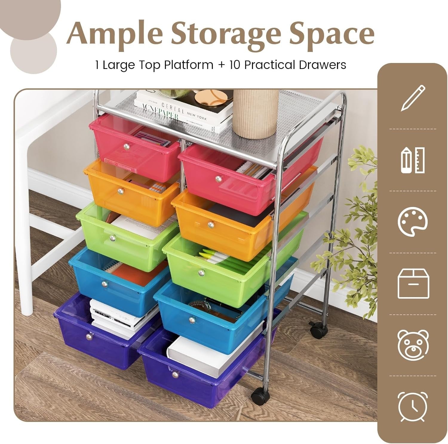 10 Drawer Rainbow Storage Trolley Rolling Organizer Cart with Wheels