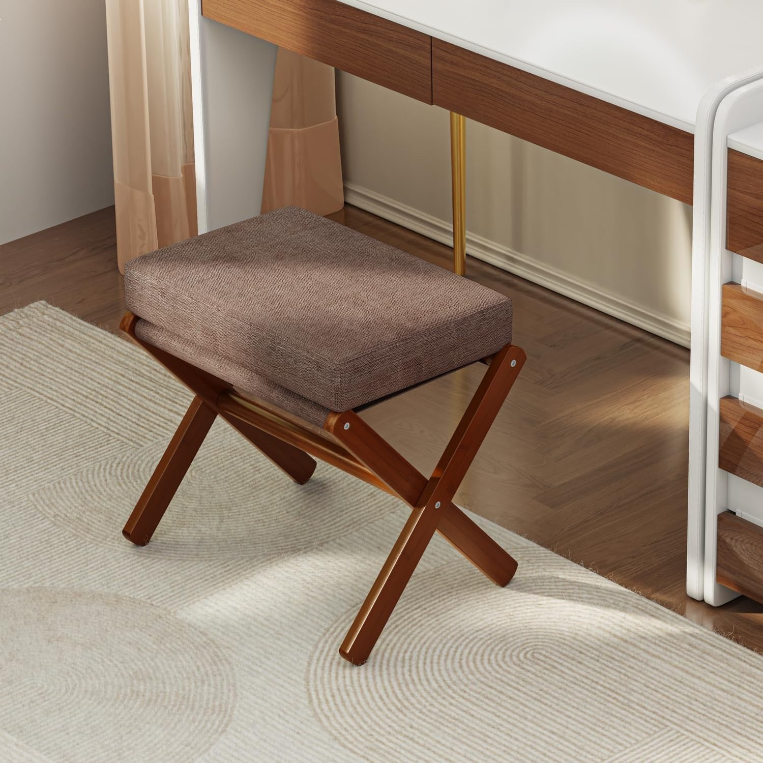 Brown Foldable Footstool Ottoman with Bamboo X-Legs & Thick Chenille Cushion
