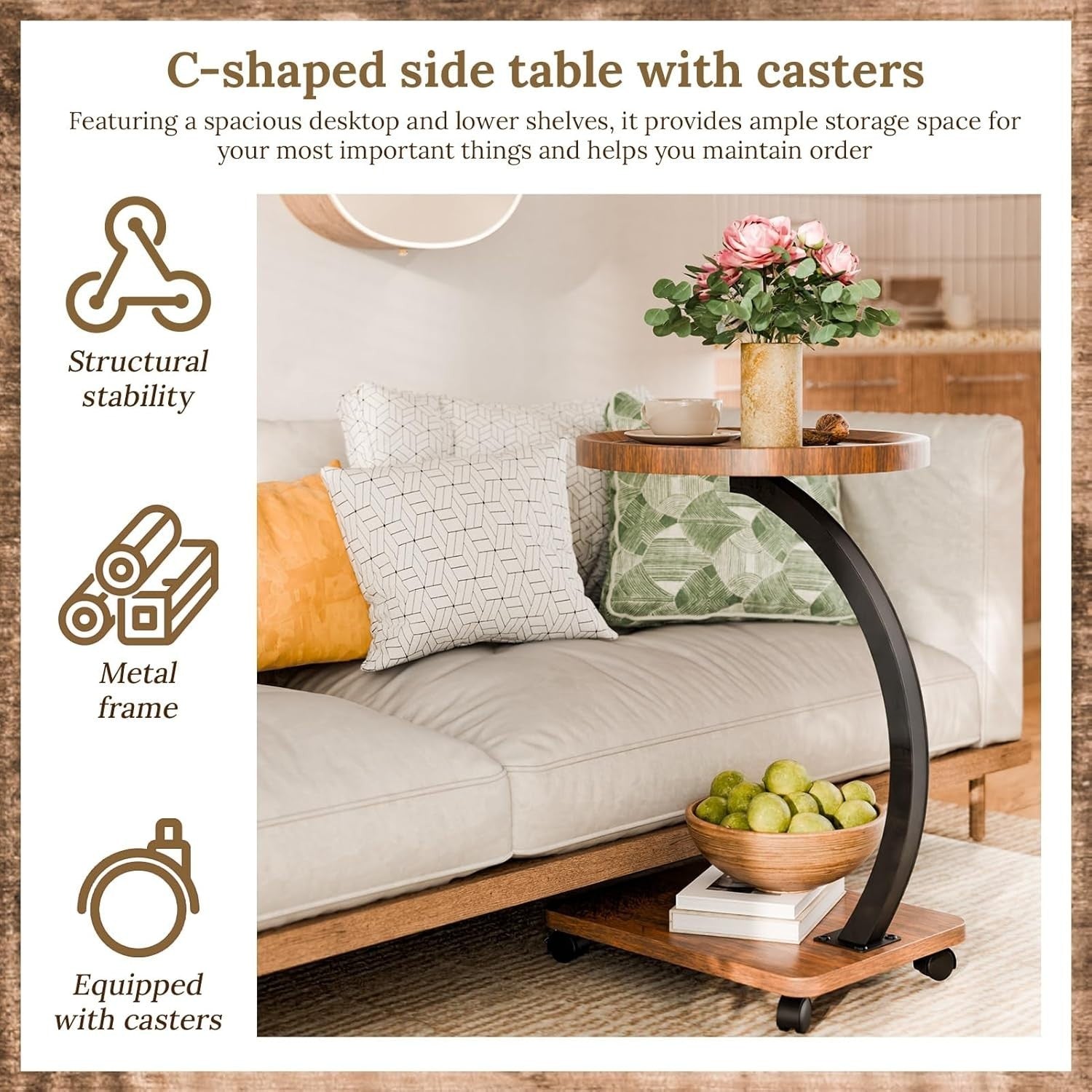 2-Tier C-Shaped Round Side Table with Casters Modern Small Sofa Desk