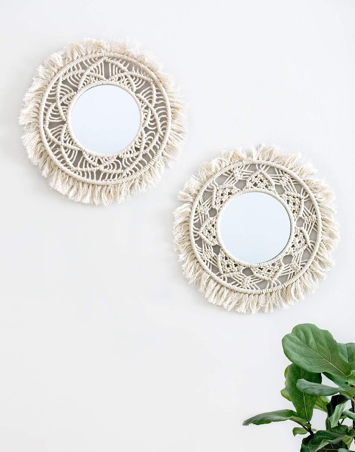 Boho Macrame Wall Mirrors Set of 2 Small Round Hanging Decor