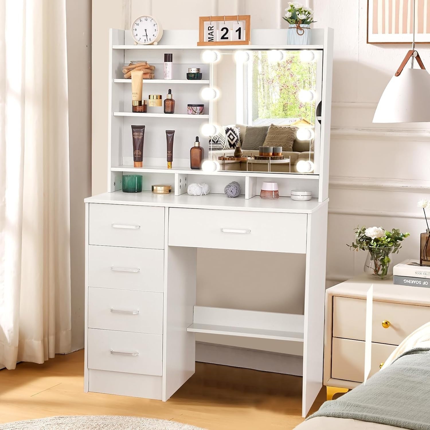 Makeup Vanity Desk w/ LED Mirror & Stool Modern Large Storage White Dresser