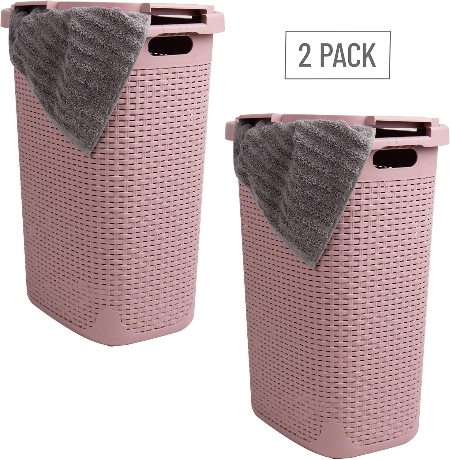 Set of 2 Slim Pink Laundry Hampers 60L with Lid Ventilated & Handles