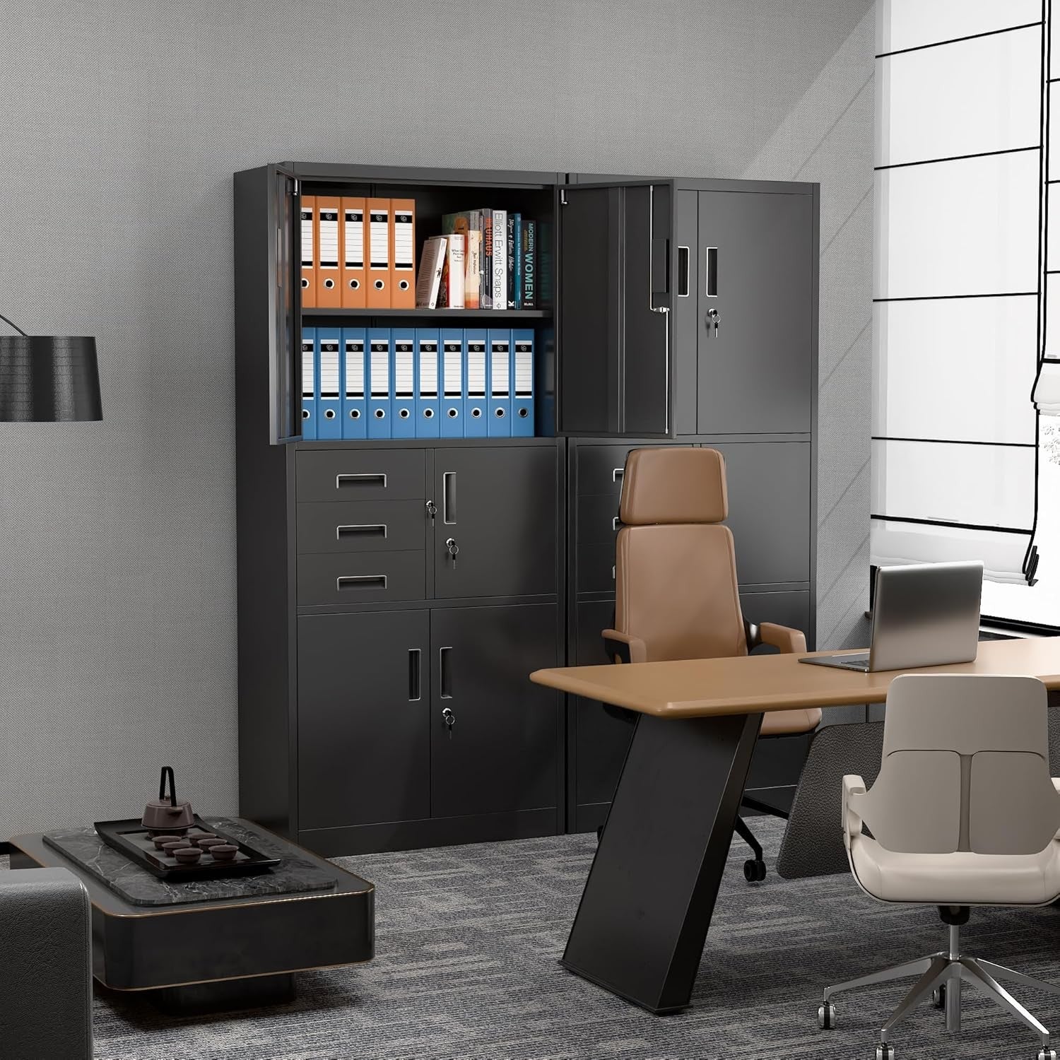 Metal Storage Cabinet 5 Door 3 Drawer Lockable Steel Cupboard 180cm Black