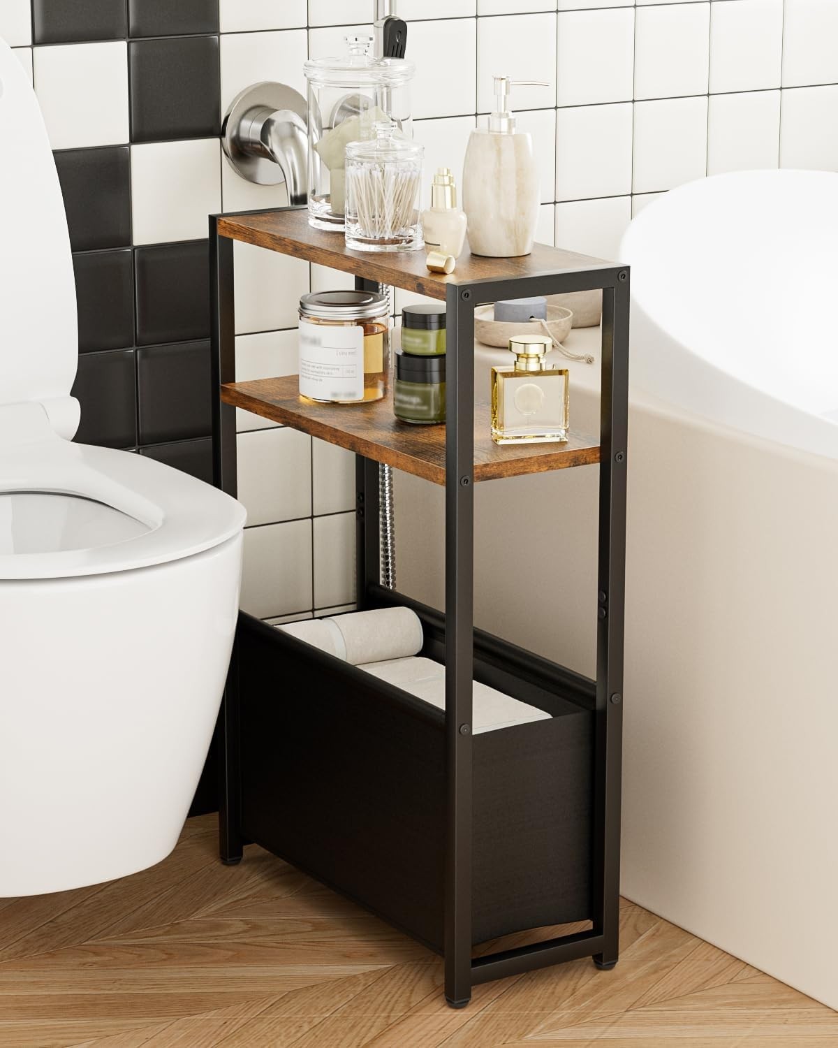 Slim Side Table with Storage Basket, Rustic Brown, Space-Saving Design