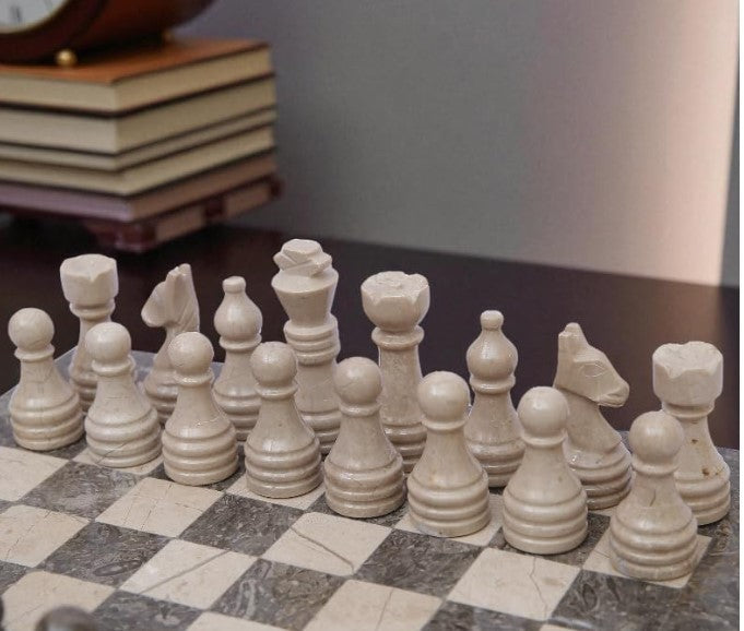 Luxury Marble Chess Set 10x10” Oceanic Grey Stone Board + Handcrafted Pieces
