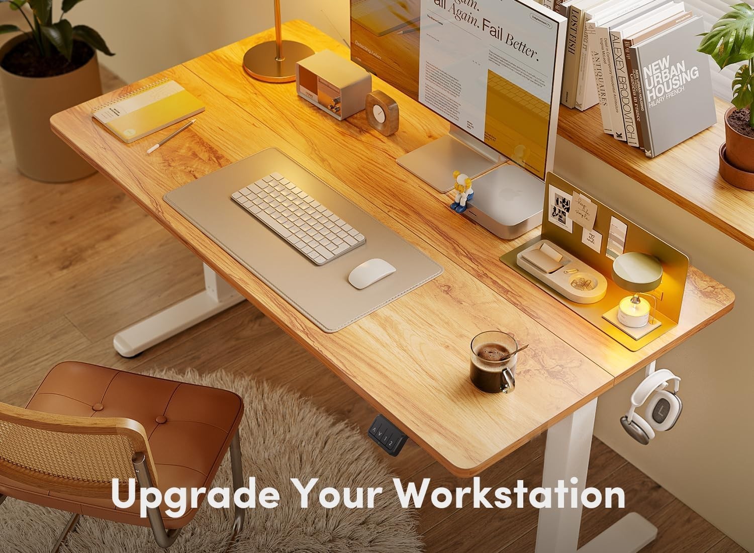 Light Brown Electric Standing Desk 120x60cm with White Frame & Memory