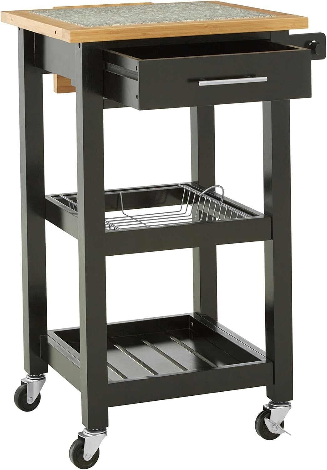 Black Kitchen Trolley Granite Top Pine Wood Cart 92cm