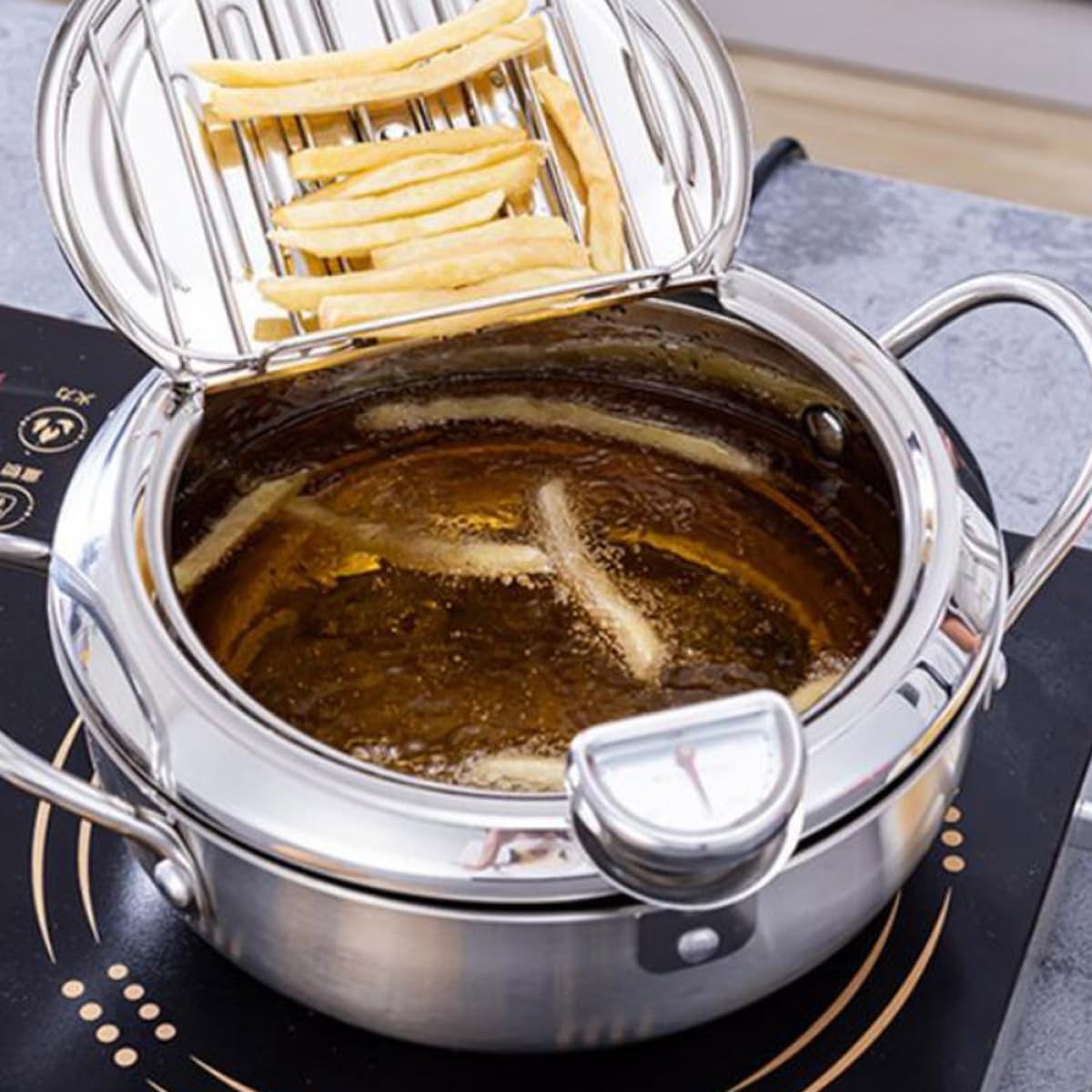 Deep Frying Pot With Thermometer Lid Induction Gas Fryer Pan