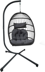 Light Grey Rattan Hanging Egg Chair with Stand | Indoor Outdoor Foldable Swing