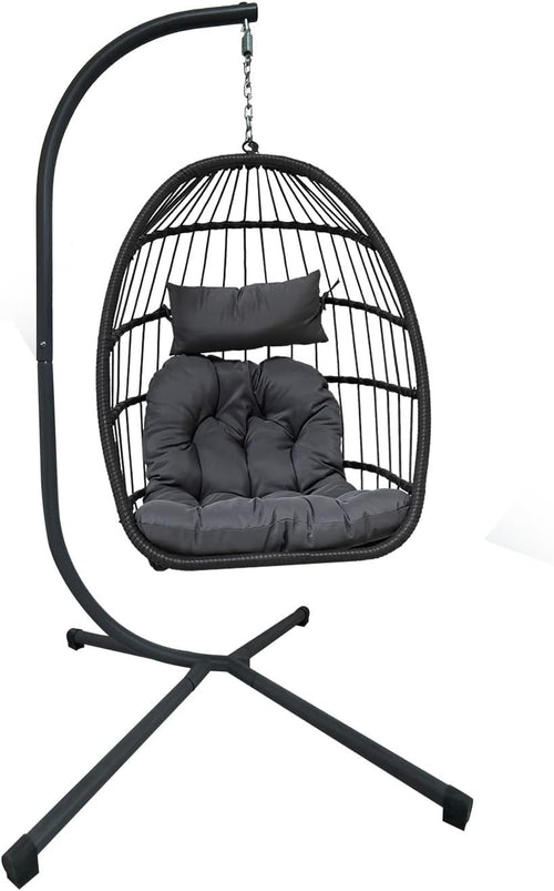 Light Grey Rattan Hanging Egg Chair with Stand | Indoor Outdoor Foldable Swing