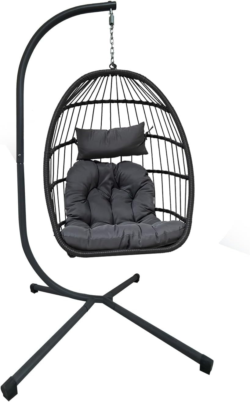 Light Grey Rattan Hanging Egg Chair with Stand | Indoor Outdoor Foldable Swing