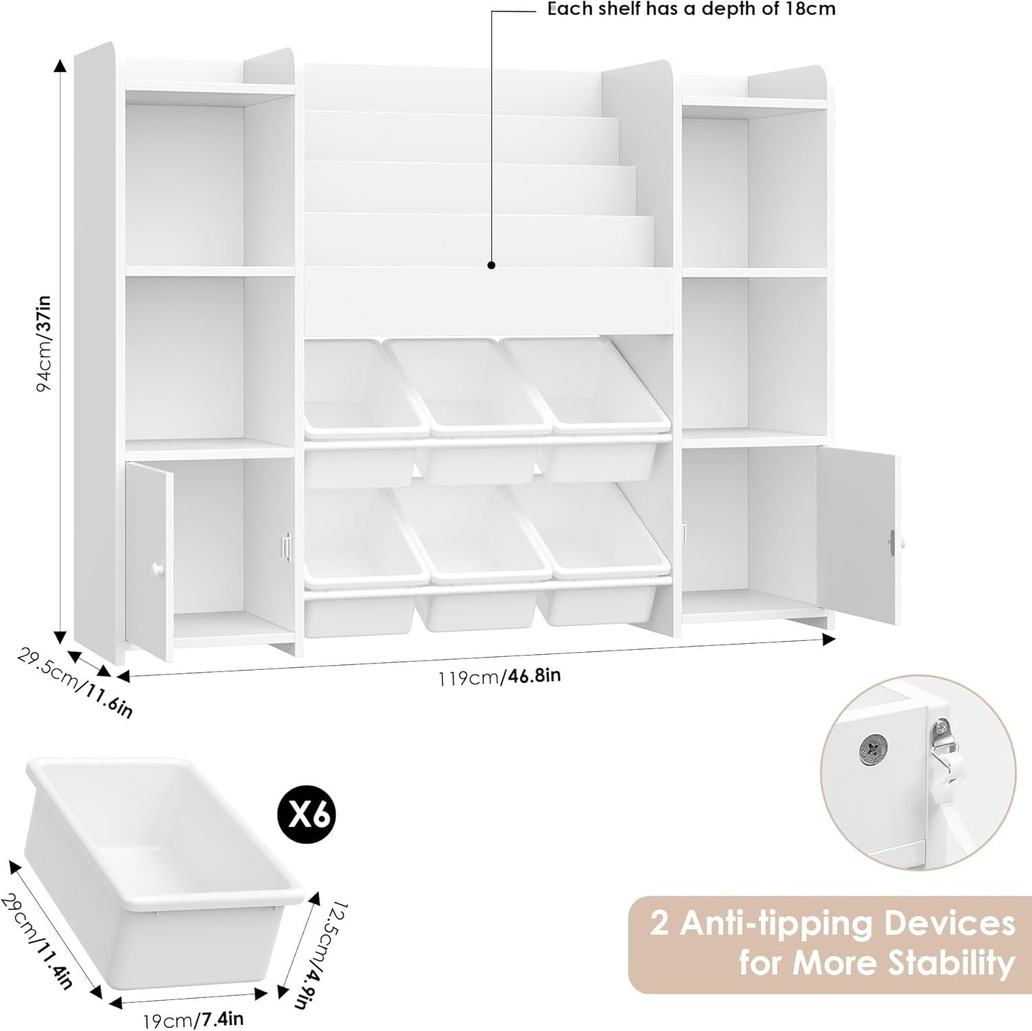 Large Kids Toy Storage Bookshelf with 6 Boxes 4 Tier Shelves for Playroom White