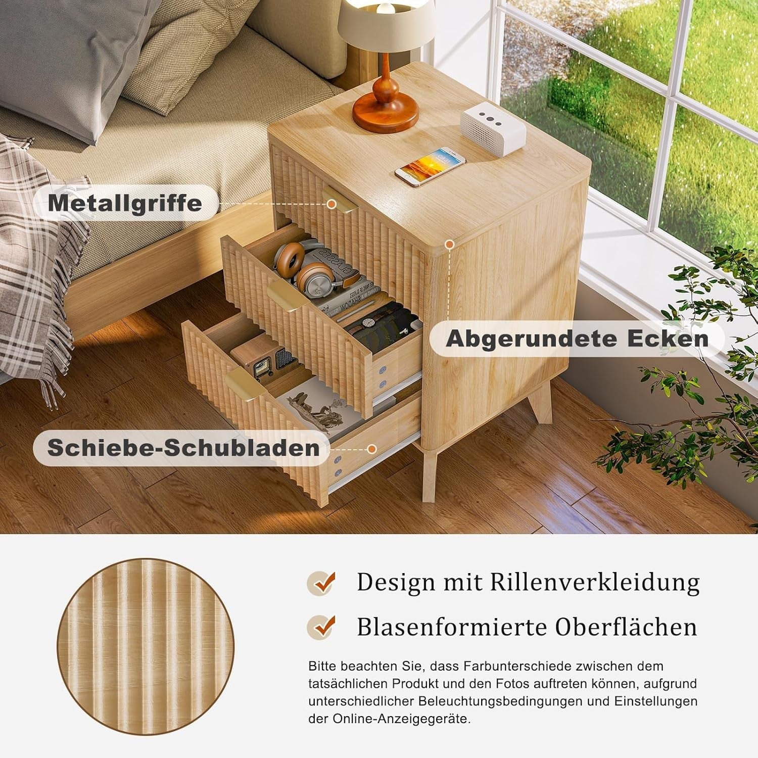 Wood Bedside Table with 3 Drawers Natural Nightstand for Bedroom & Living Room