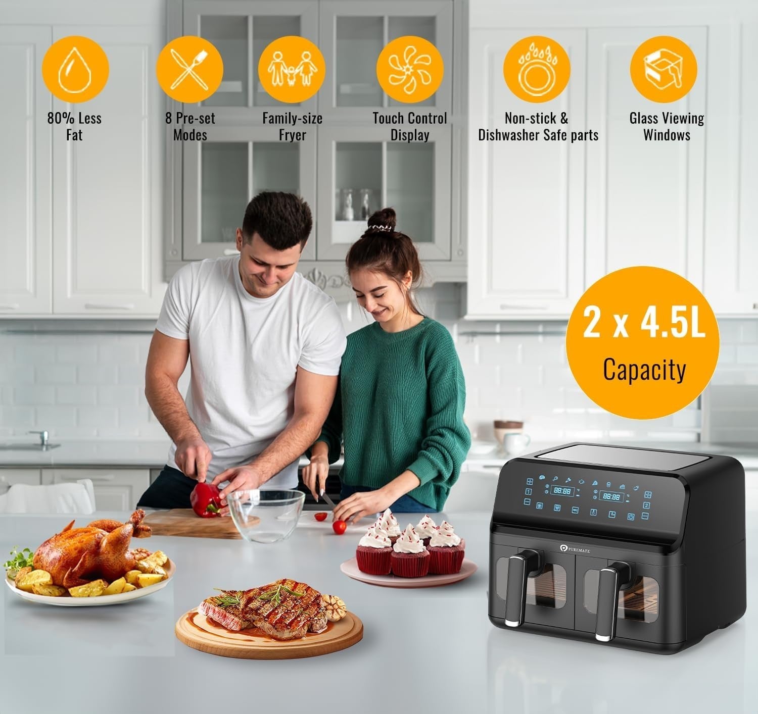9L Dual Air Fryer | Twin Basket 4.5L+4.5L | 8 Presets | Digital Touch Display