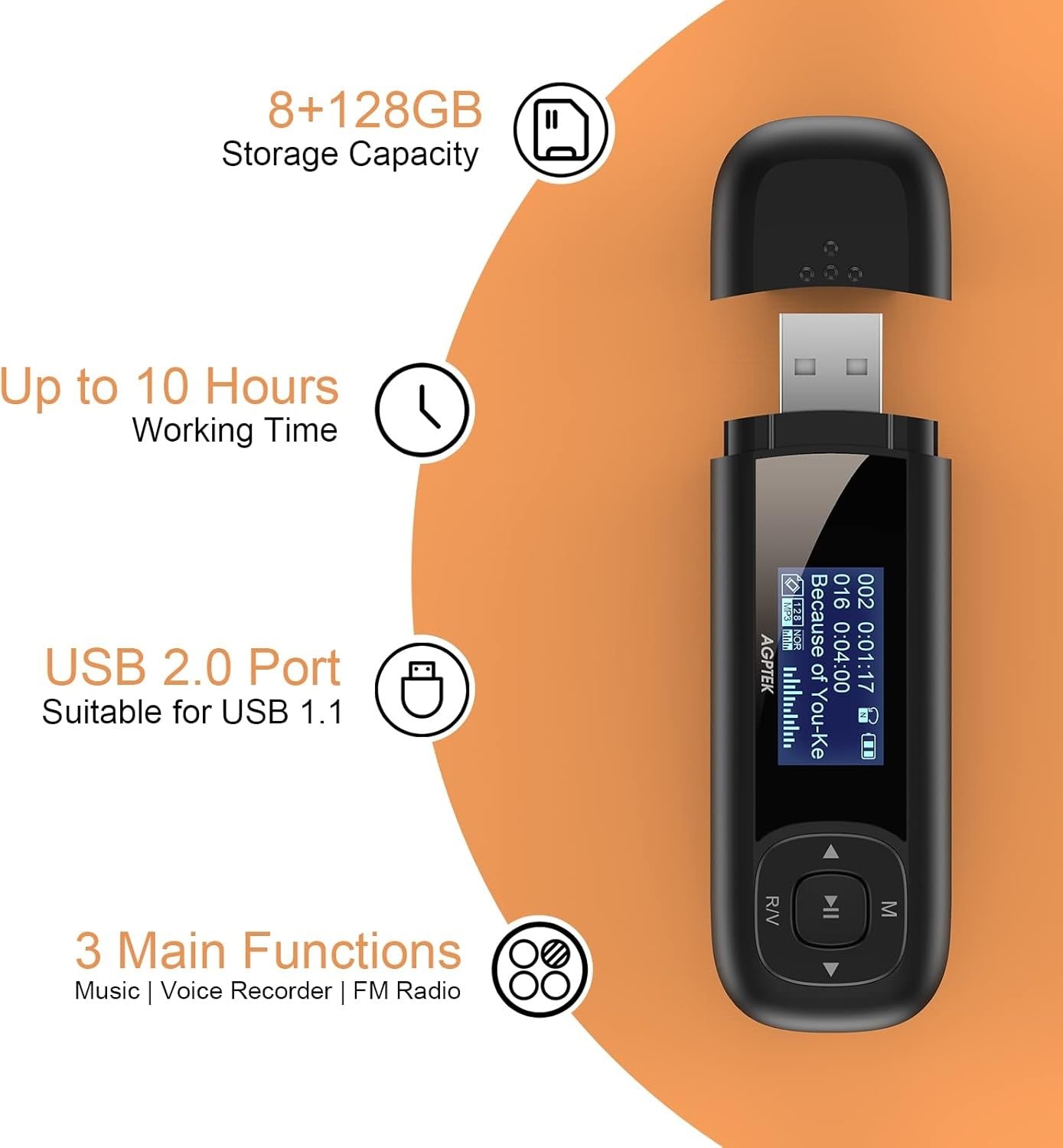 AGPTEK 8GB Portable MP3 Player with USB, FM Radio & Voice Recorder – Black
