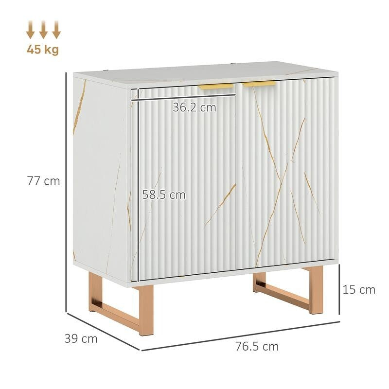 White Fluted Sideboard Cabinet with Gold Legs – Marble Effect Storage Unit