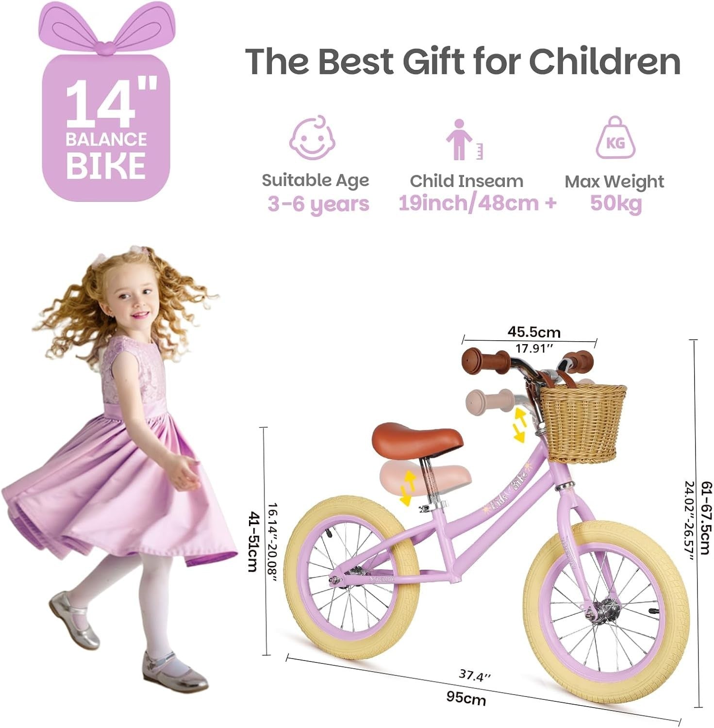 14" Kids Balance Bike Adjustable Seat Basket No Pedal Training Bike Purple