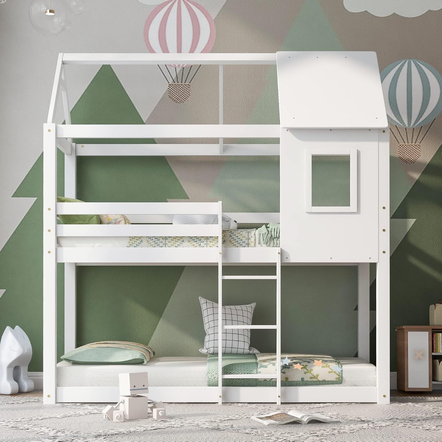 White Kids Bunk Bed w/ Ladder, Roof, Window & Guardrails 90x190cm