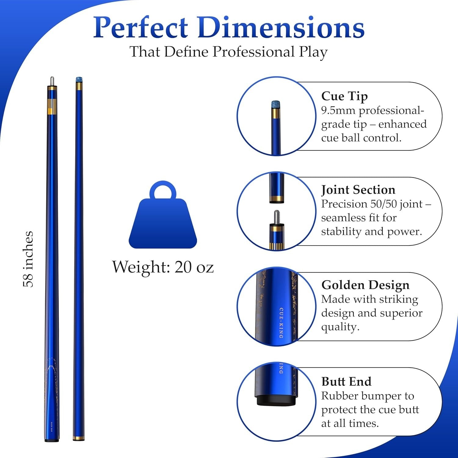 58in Professional Pool Cue 20oz 2 Piece 9.5mm Tip Blue w Case
