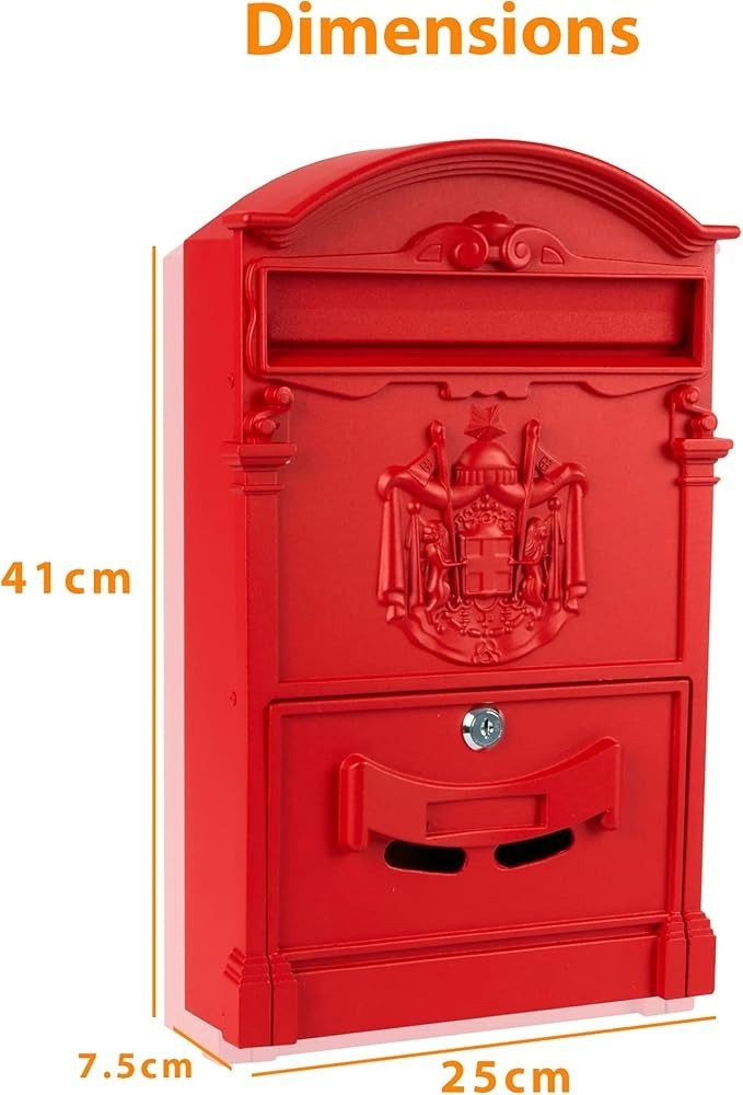 Wall Mounted Red Post Box Lockable Waterproof Mailbox | Large Letter Slot