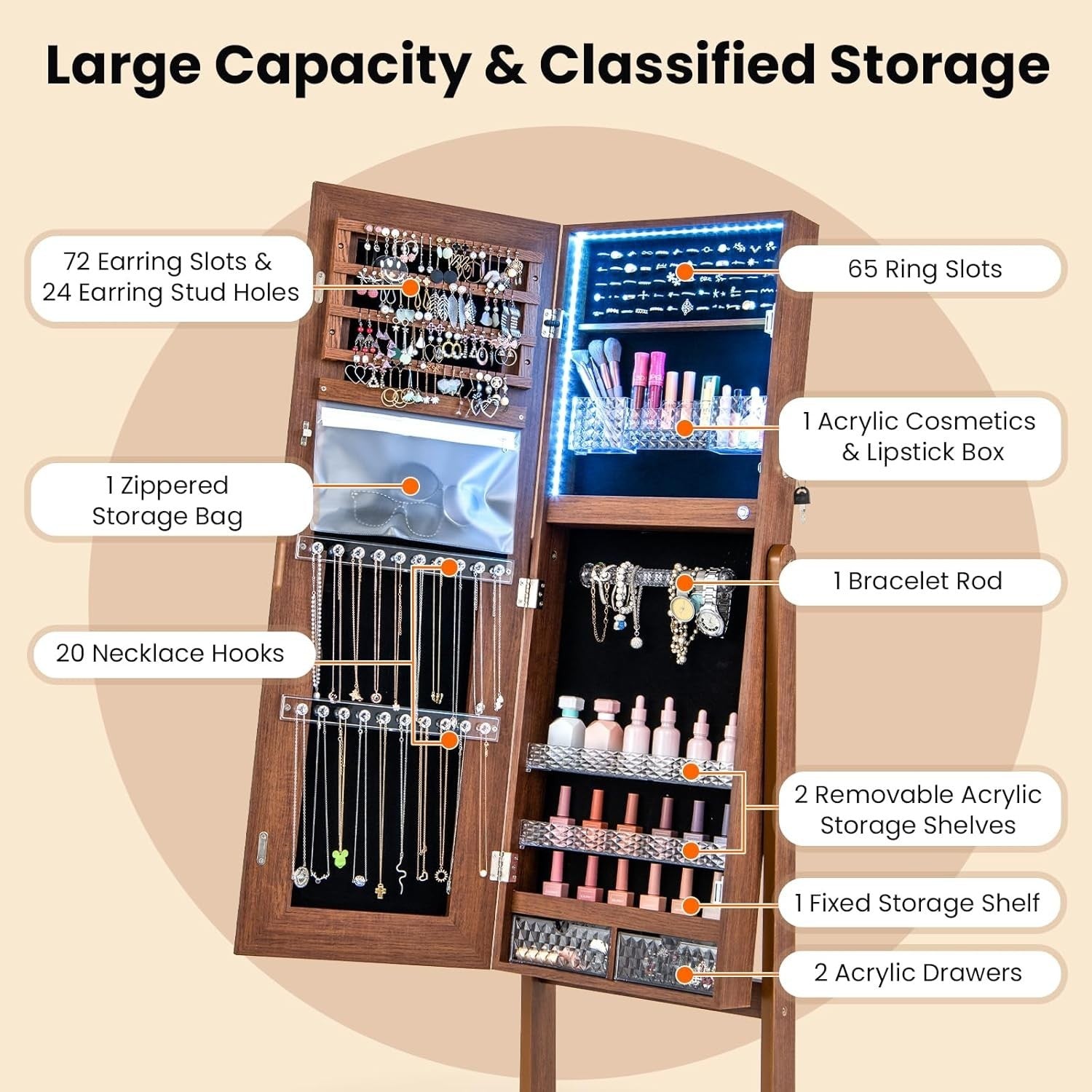 Walnut LED Jewellery Cabinet Full Length Mirror Adjustable Lockable Armoire