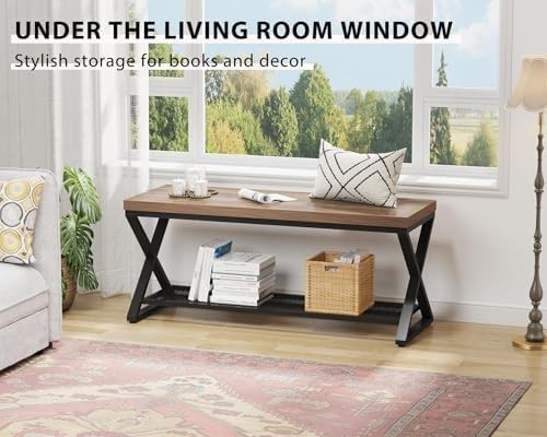 Rustic Oak Industrial Entryway Storage Bench Metal Frame Shoe Rack Seat 99x36x46
