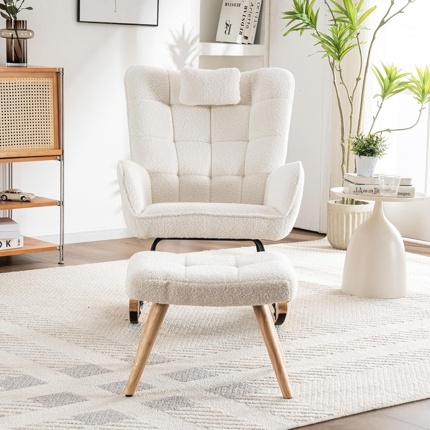 Rocking Chair with Footstool, Adjustable Recliner, Durable Wood Frame, Cozy Loun