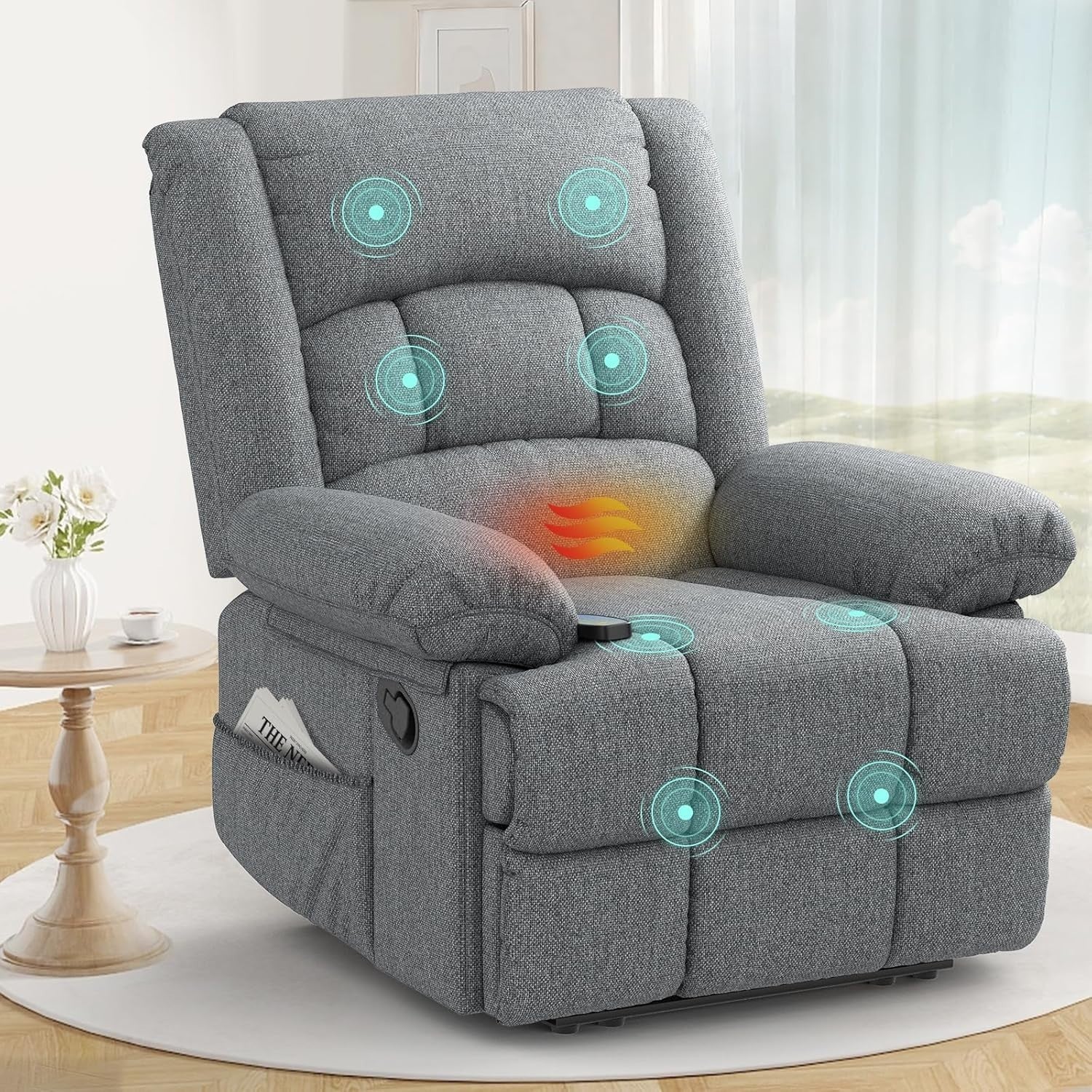 Grey Recliner Armchair Massage Heat Sofa Chair Adjustable Backrest Legrest
