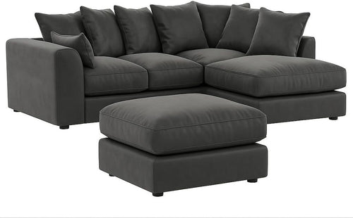 Grey Plush Velvet Corner Sofa with Footstool – 4 Seater RH L Shape Suite