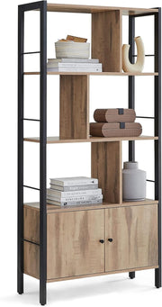 Industrial 4 Tier Bookcase with Doors Steel Frame Storage Shelf 154cm Oak