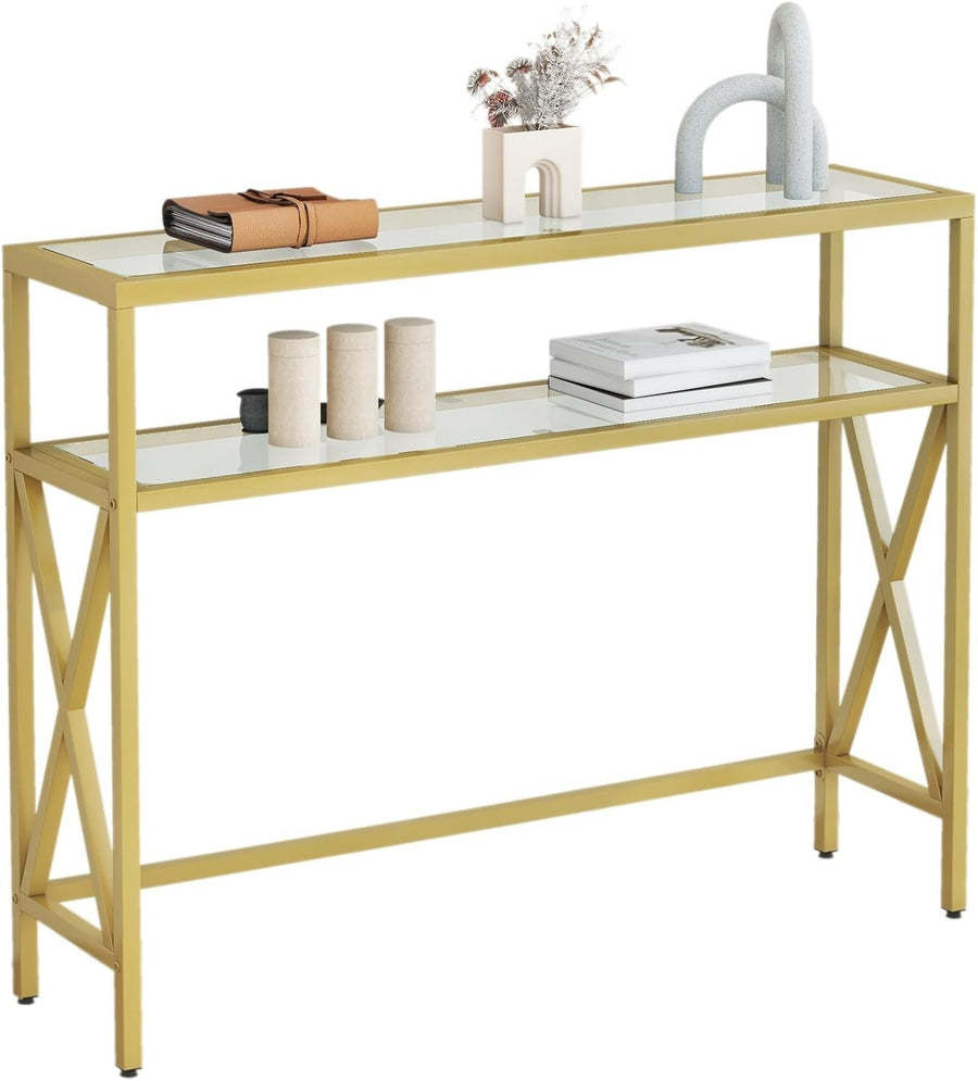 Tempered Glass Console Table with Adjustable Feet & Metal Frame, Gold
