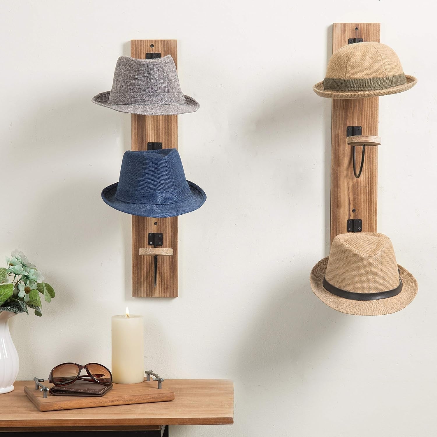 Set of 2 Wall Mounted Coat Hat Racks Light Wood Metal Hooks Rustic 61cm