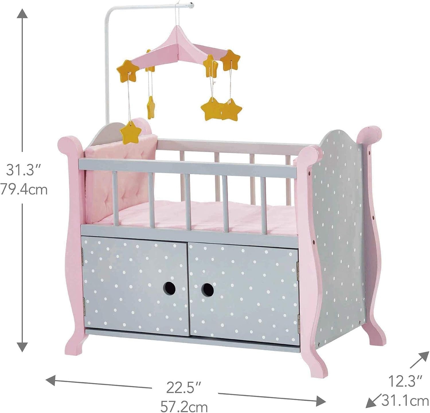 Wooden Baby Doll Cot with Storage Cushion Bedding Mobile Grey Pink 57x31x79cm