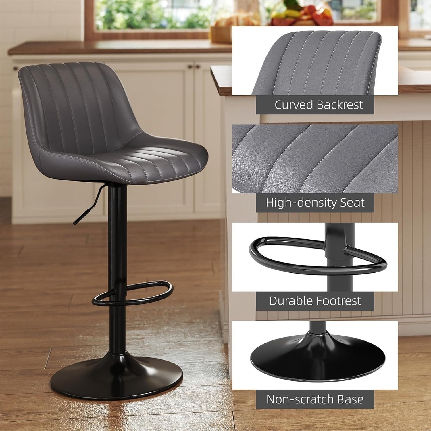 Dark Grey Adjustable Swivel Bar Stool PU Leather Modern Counter Chair
