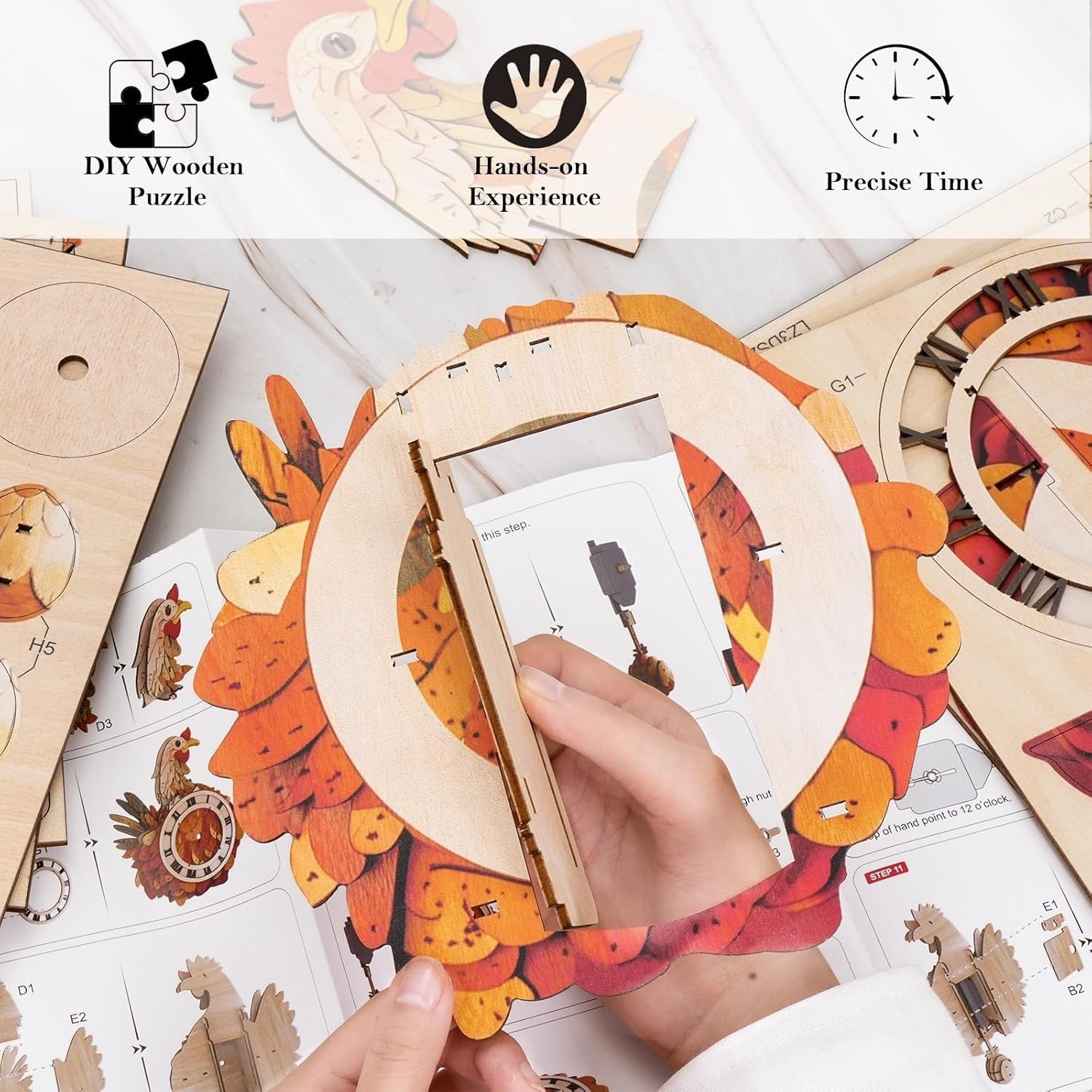 3D Wooden Cackling Wall Clock Puzzle, Precision Craft, Fun Home Decor