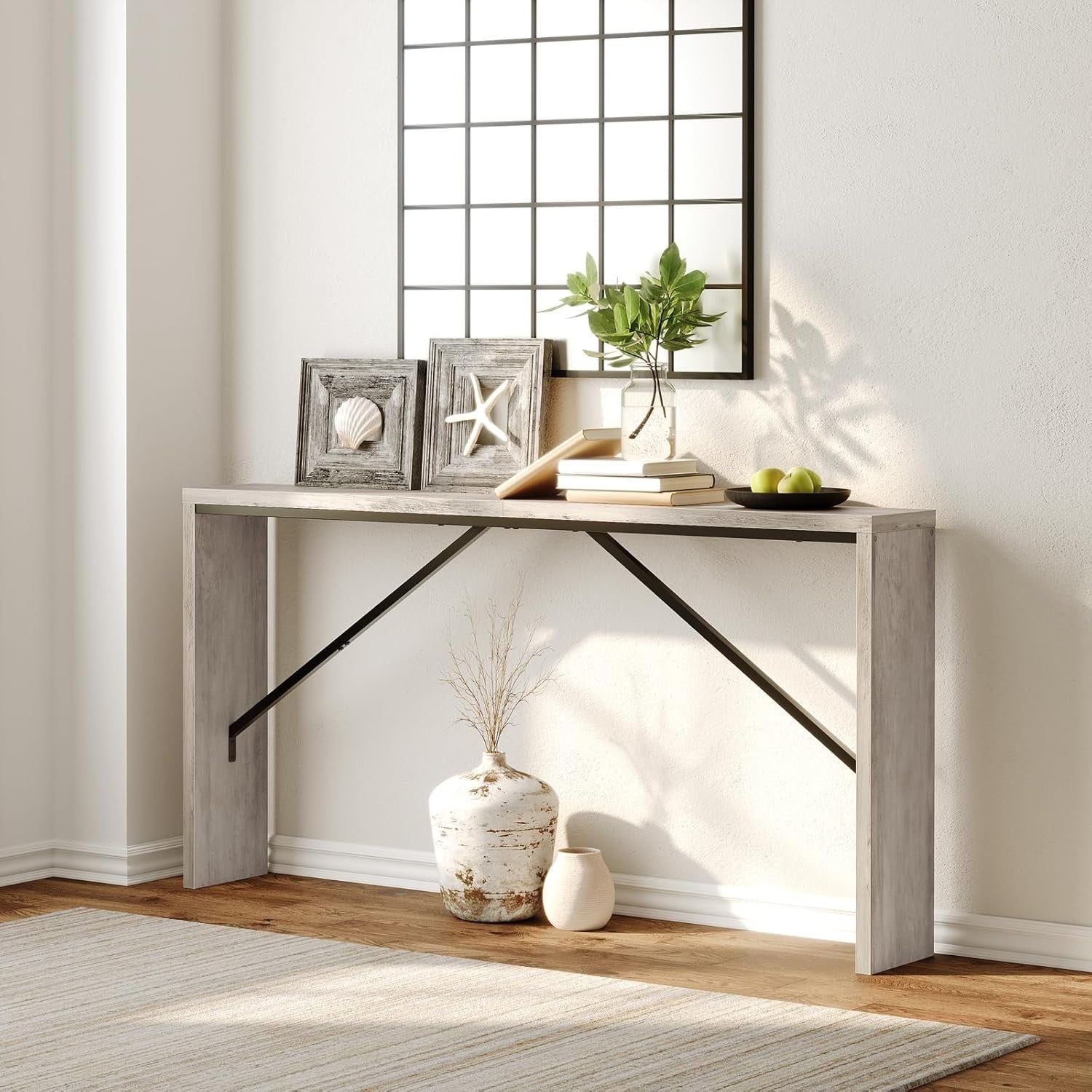 Industrial Console Table 62.2" Long with Metal Frame & Storage for Entryway