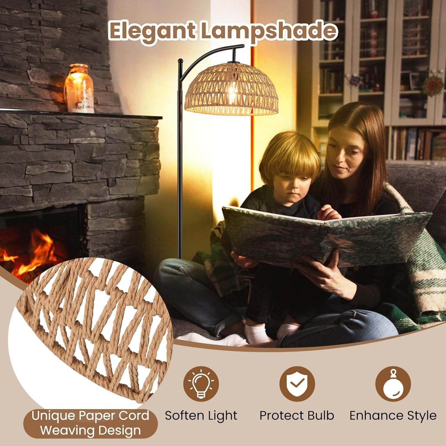 Arc Floor Lamp Natural Rattan Shade Black Stand Corner Reading Light 160cm