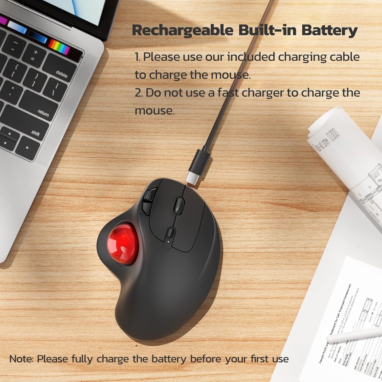 Wireless Ergonomic Trackball Mouse Rechargeable Bluetooth USB 3 Mode
