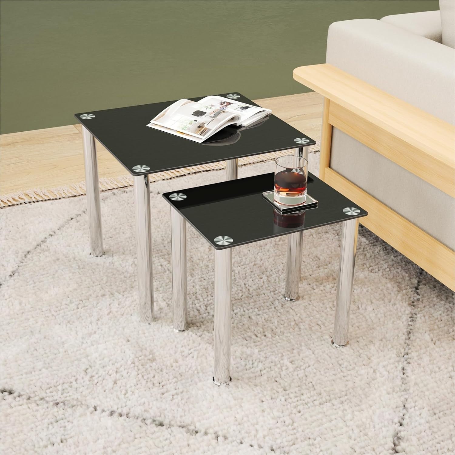 Black Square Nesting Side End Tables Set of 2 Glass Metal Chrome Frame