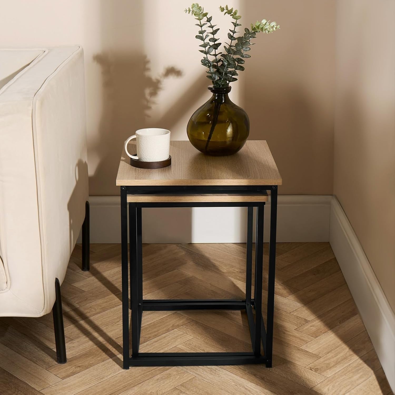 Nesting Side Tables Set 2 Wood/Black Metal Frame Rustic Modern Lamp Coffee