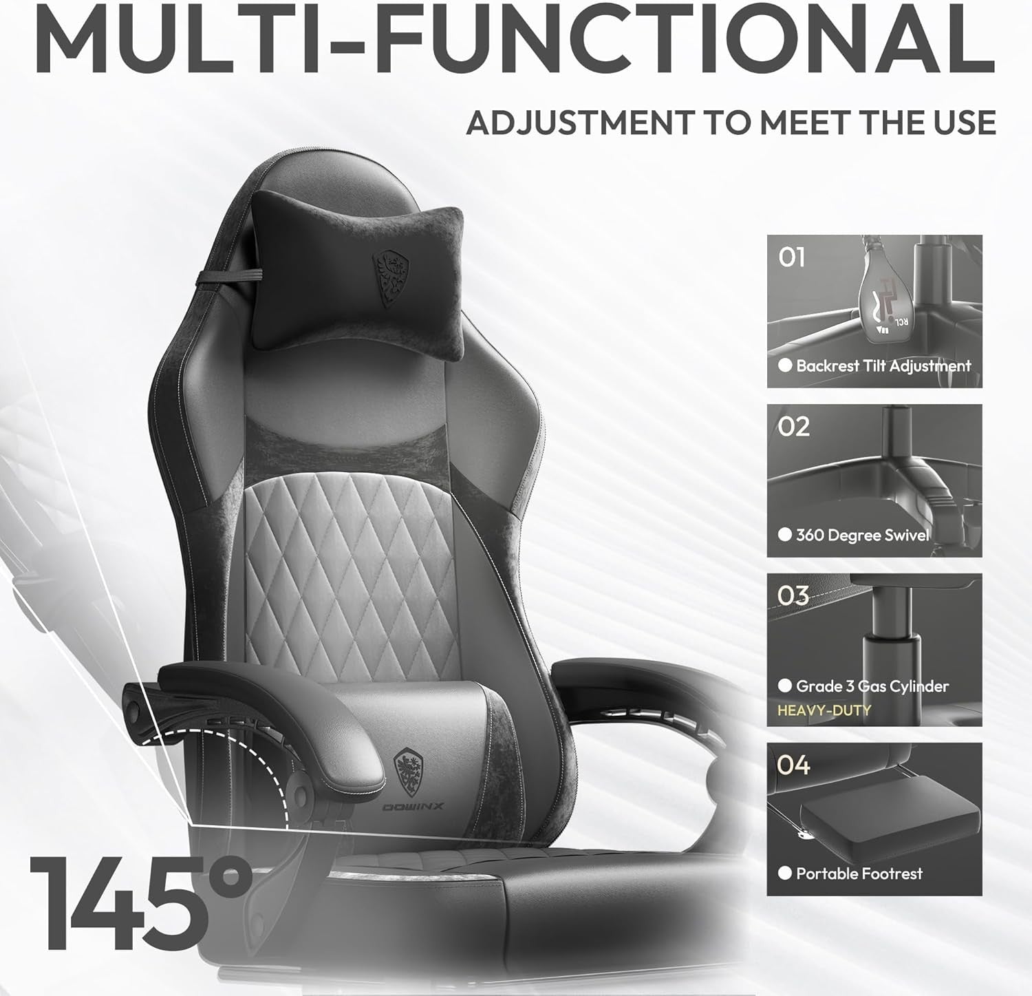 Black Gaming Chair Recliner w/ Footrest Massage 145° Ergonomic
