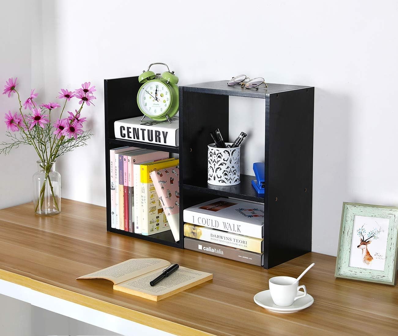 Adjustable Black Desktop Bookshelf 3-Tier Desk Organizer Storage Shelf