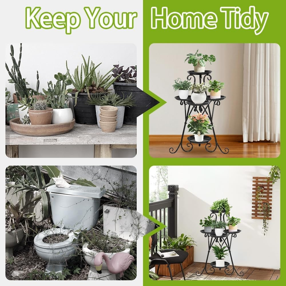 3 Tier Black Metal Plant Stand Indoor Outdoor Flower Pot Shelf with Tools Set