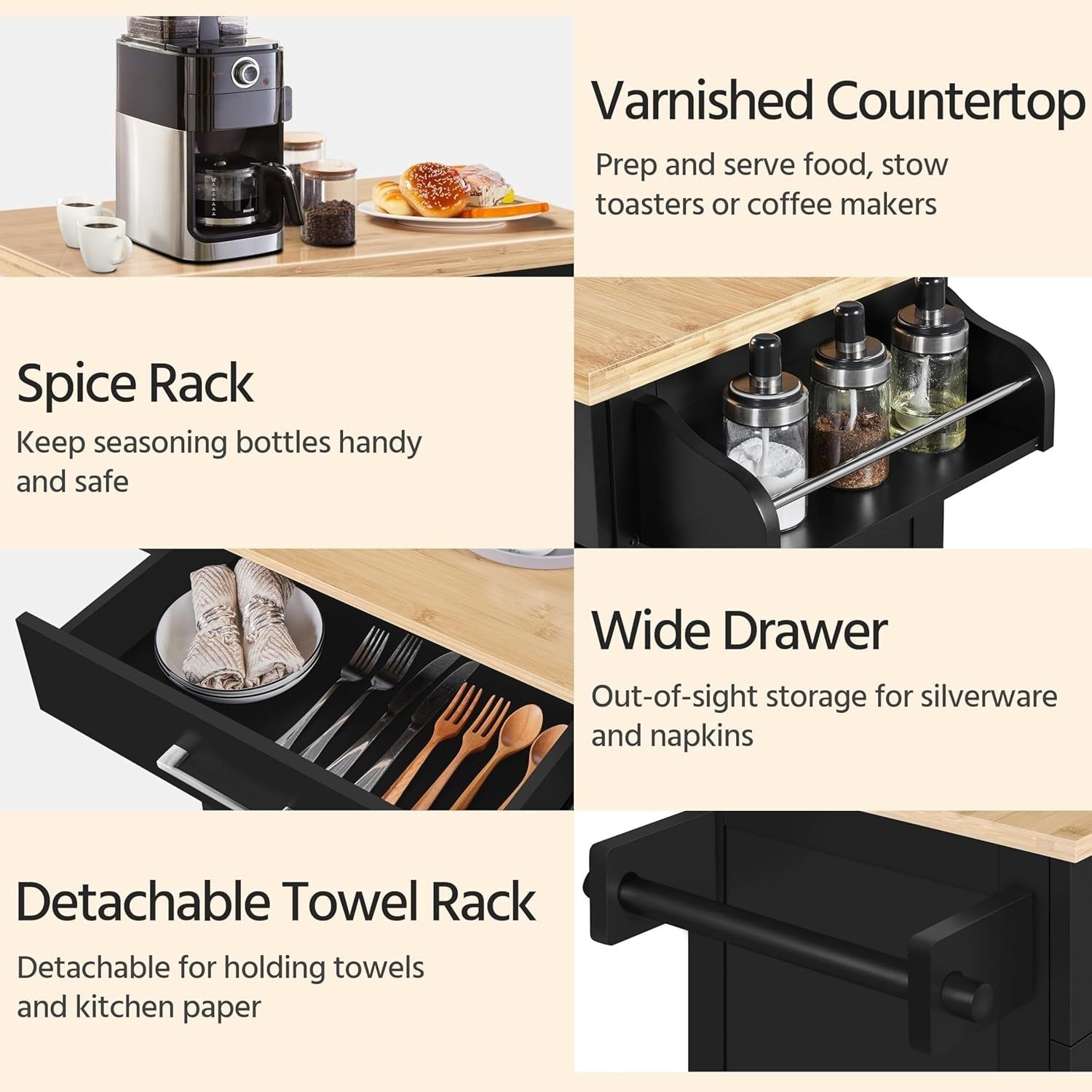 Black Kitchen Island Cart on Wheels w/ Bamboo Top Cabinet